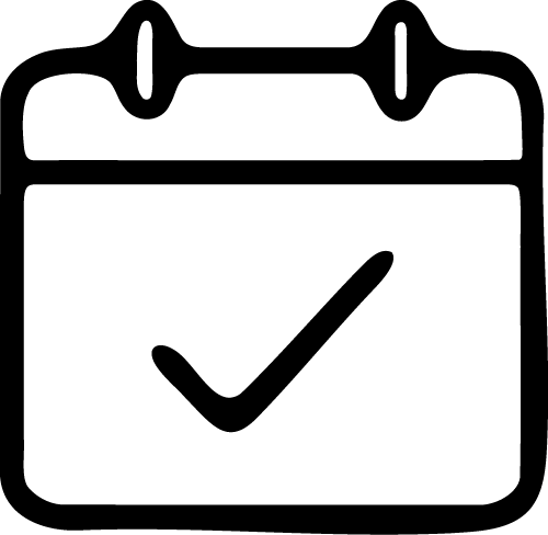Black and white line drawing of a calendar with a check mark in the center, indicating a scheduled or completed event.