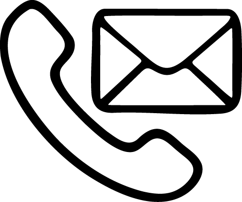 Simple black outline icons of a telephone handset and an envelope, representing phone and email communication methods.